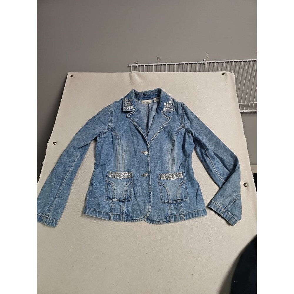 Jeanology Collection Light Wash Denim Embellished Blazer Jacket Rhinestone Sz 14